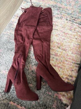 Miss Lola Burgundy Over-the-Knee Suede Heel Boots
